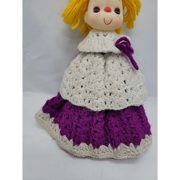 Doll  Handmade Crochet Duster Cover Purple Yarn Soft Face 14" Cottage Core - Picture 5 of 16